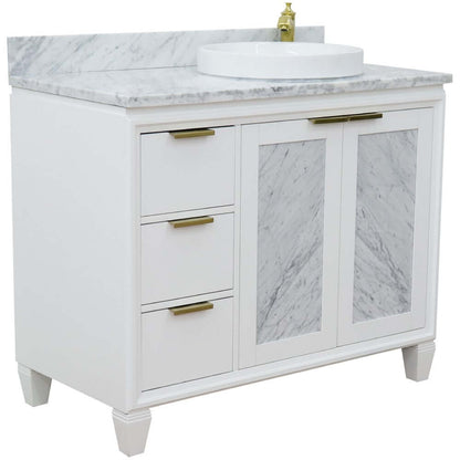 43" Single vanity in White finish with White Carrara and round sink- Right door/Right sink - 400990-43R-WH-WMRDR