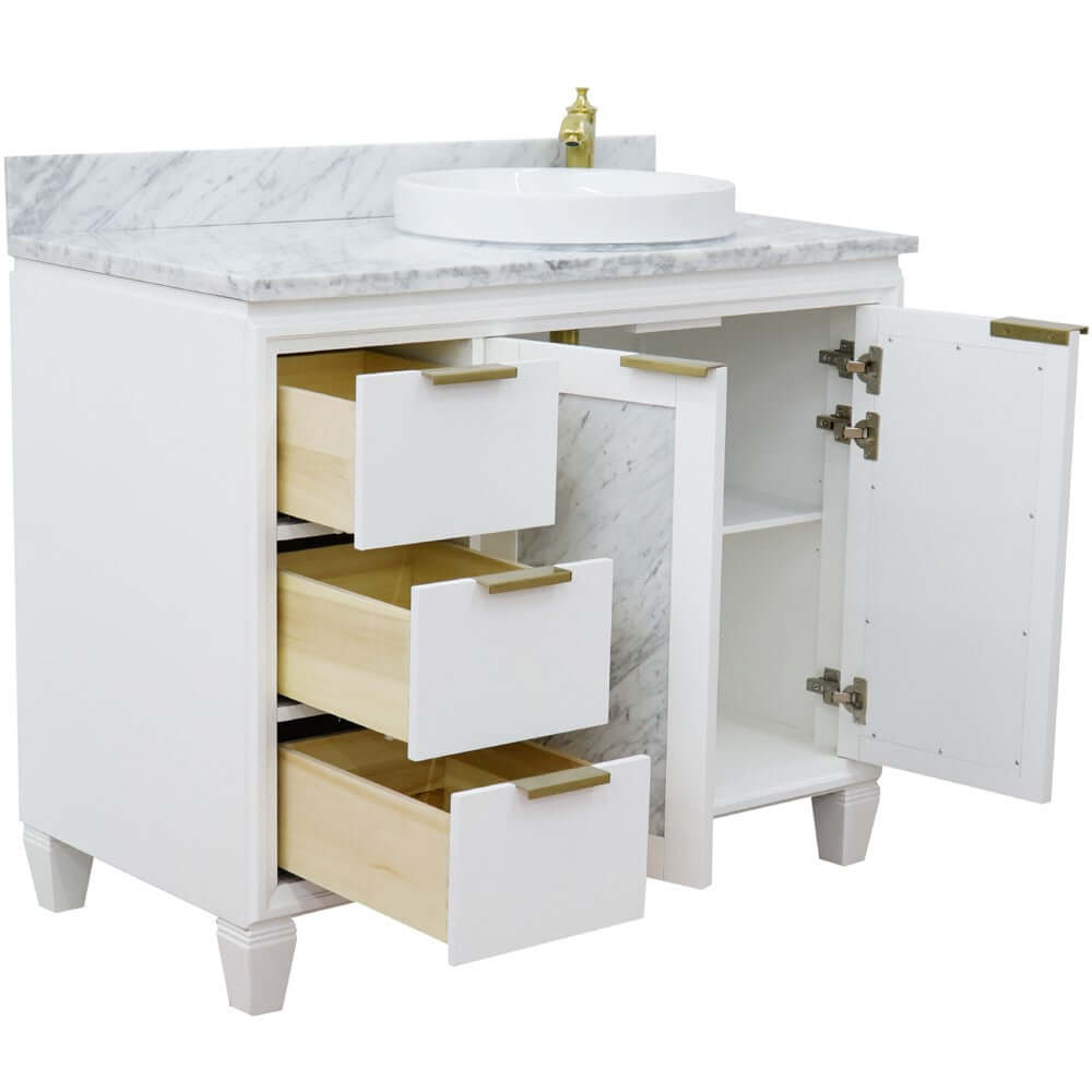 43" Single vanity in White finish with White Carrara and round sink- Right door/Right sink - 400990-43R-WH-WMRDR