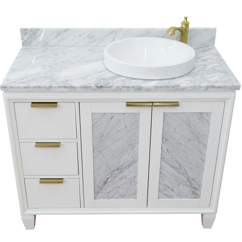 43" Single vanity in White finish with White Carrara and round sink- Right door/Right sink - 400990-43R-WH-WMRDR