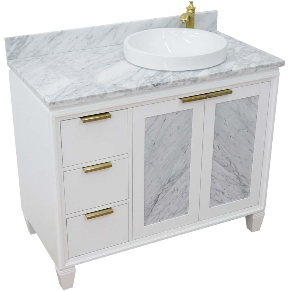 43" Single vanity in White finish with White Carrara and round sink- Right door/Right sink - 400990-43R-WH-WMRDR