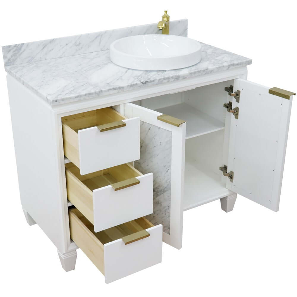 43" Single vanity in White finish with White Carrara and round sink- Right door/Right sink - 400990-43R-WH-WMRDR