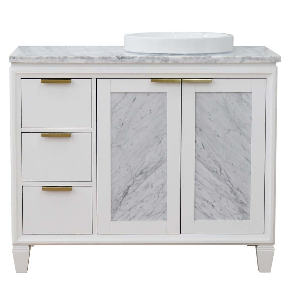 43" Single vanity in White finish with White Carrara and round sink- Right door/Right sink - 400990-43R-WH-WMRDR