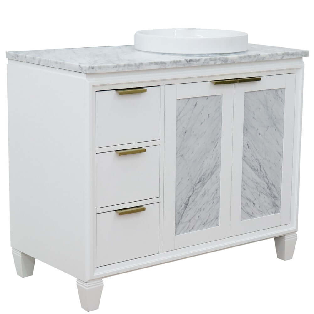 43" Single vanity in White finish with White Carrara and round sink- Right door/Right sink - 400990-43R-WH-WMRDR