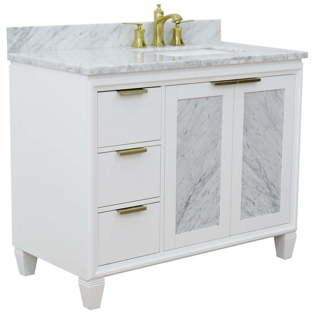 43" Single vanity in White finish with White Carrara and rectangle sink- Right door/Right sink - 400990-43R-WH-WMRR