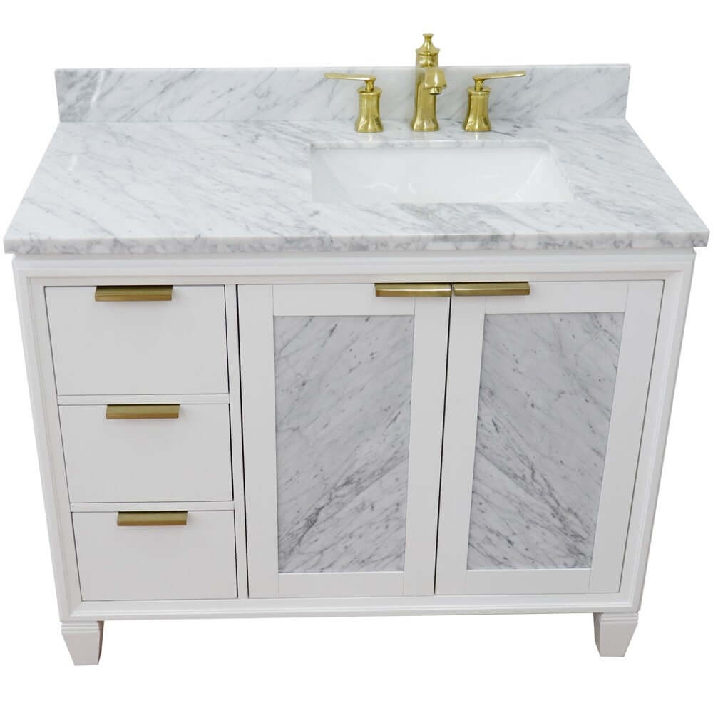 43" Single vanity in White finish with White Carrara and rectangle sink- Right door/Right sink - 400990-43R-WH-WMRR