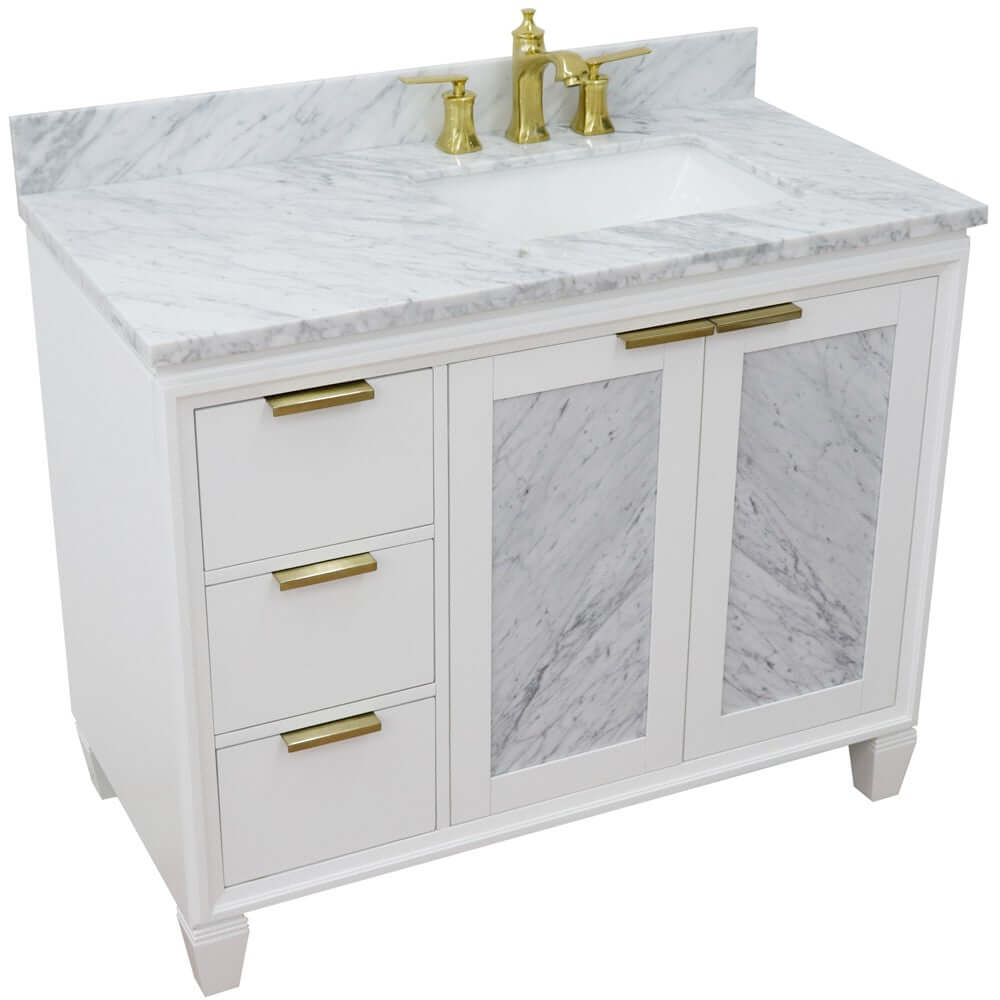 43" Single vanity in White finish with White Carrara and rectangle sink- Right door/Right sink - 400990-43R-WH-WMRR