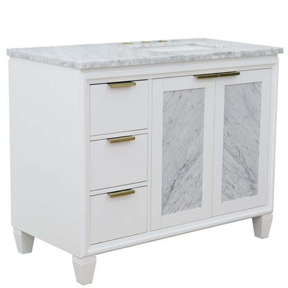 43" Single vanity in White finish with White Carrara and rectangle sink- Right door/Right sink - 400990-43R-WH-WMRR