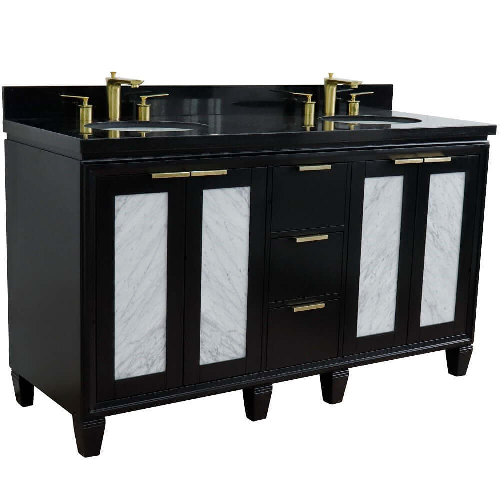 61" Double sink vanity in Black finish with Black galaxy granite and oval sink - 400990-61D-BL-BGO