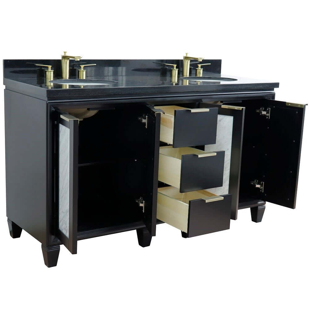 61" Double sink vanity in Black finish with Black galaxy granite and oval sink - 400990-61D-BL-BGO