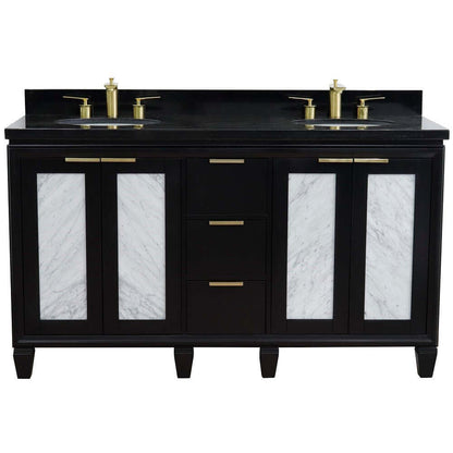 61" Double sink vanity in Black finish with Black galaxy granite and oval sink - 400990-61D-BL-BGO