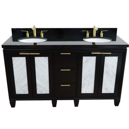 61" Double sink vanity in Black finish with Black galaxy granite and oval sink - 400990-61D-BL-BGO