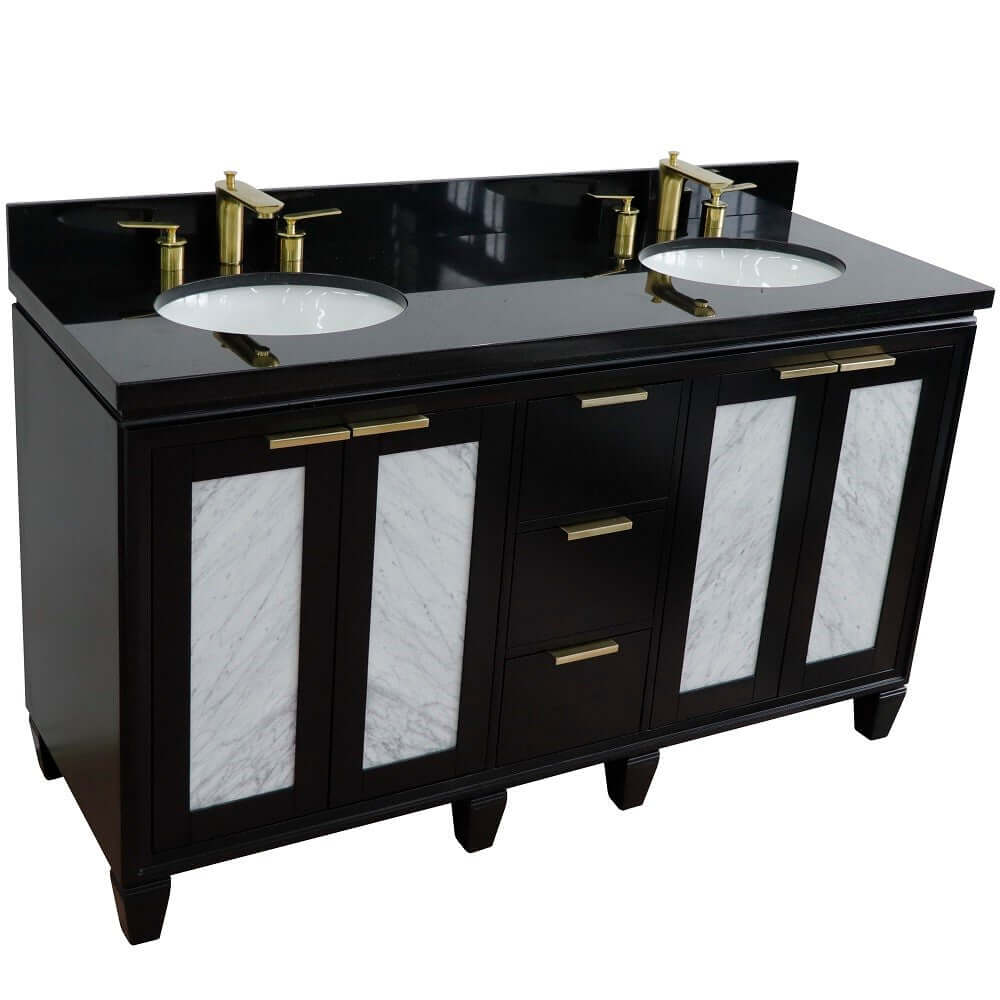 61" Double sink vanity in Black finish with Black galaxy granite and oval sink - 400990-61D-BL-BGO