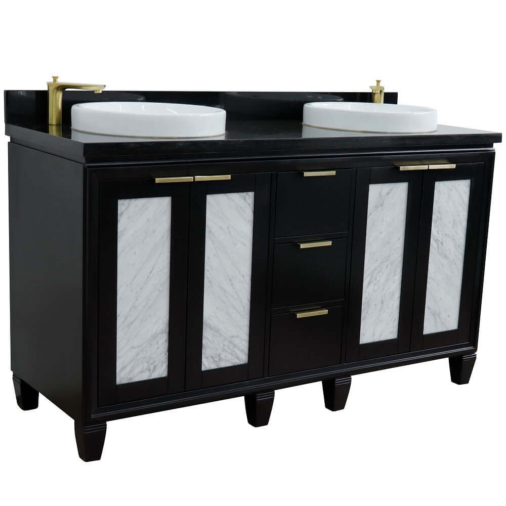 61" Double sink vanity in Black finish with Black galaxy granite and round sink - 400990-61D-BL-BGRD