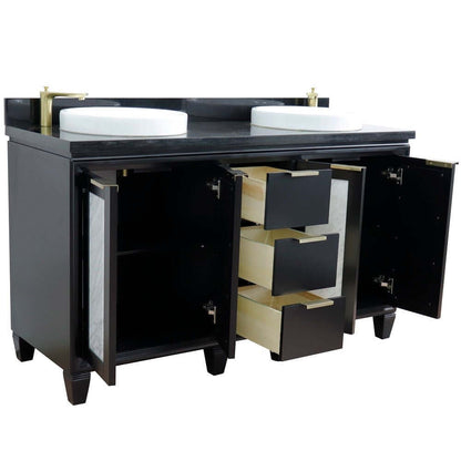 61" Double sink vanity in Black finish with Black galaxy granite and round sink - 400990-61D-BL-BGRD