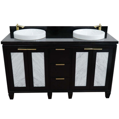 61" Double sink vanity in Black finish with Black galaxy granite and round sink - 400990-61D-BL-BGRD