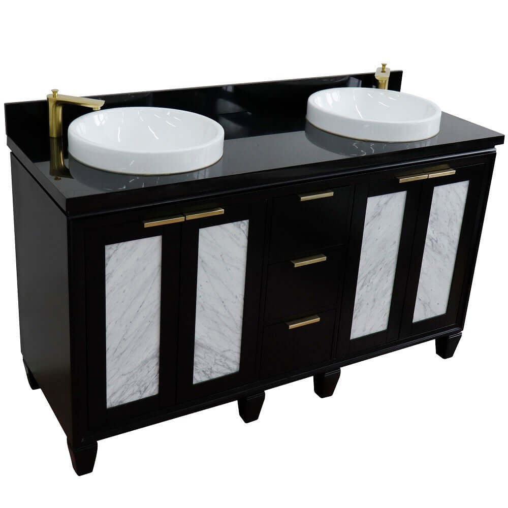 61" Double sink vanity in Black finish with Black galaxy granite and round sink - 400990-61D-BL-BGRD