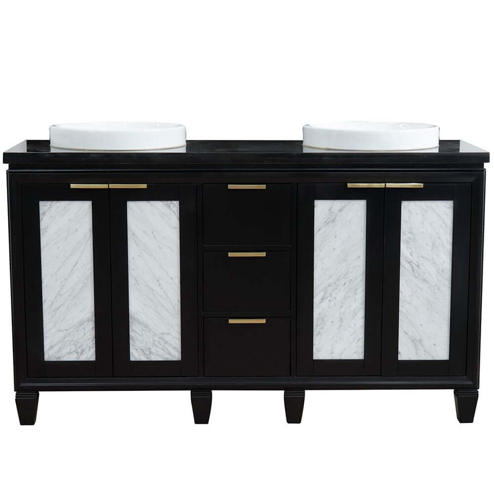 61" Double sink vanity in Black finish with Black galaxy granite and round sink - 400990-61D-BL-BGRD