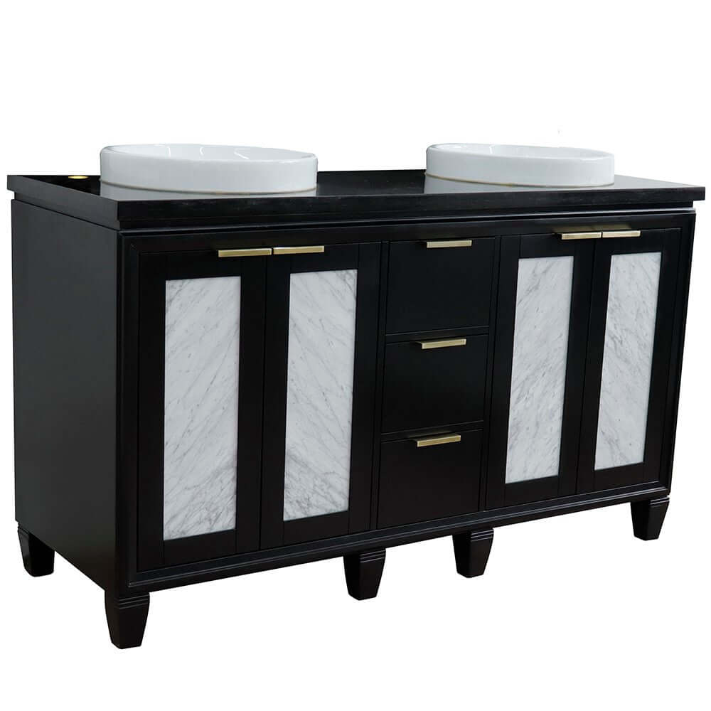 61" Double sink vanity in Black finish with Black galaxy granite and round sink - 400990-61D-BL-BGRD