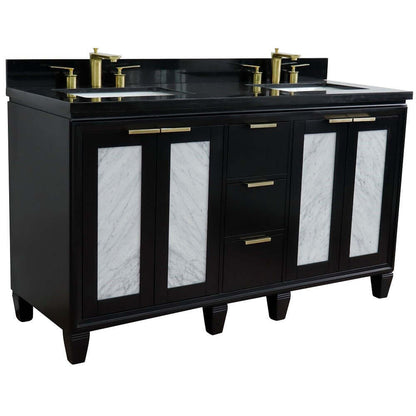 61" Double sink vanity in Black finish with Black galaxy granite and rectangle sink - 400990-61D-BL-BGR