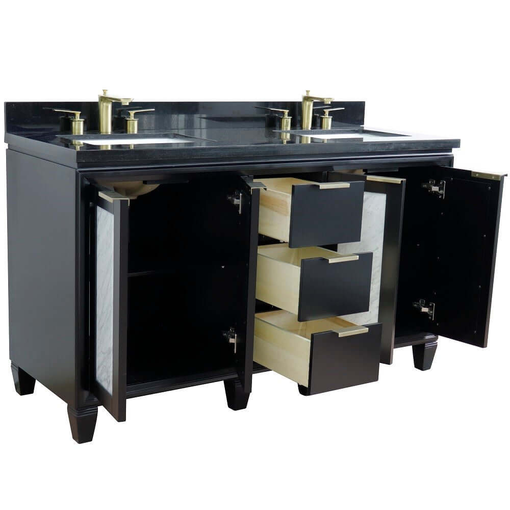 61" Double sink vanity in Black finish with Black galaxy granite and rectangle sink - 400990-61D-BL-BGR