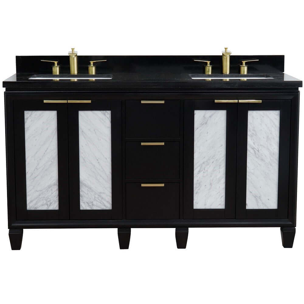 61" Double sink vanity in Black finish with Black galaxy granite and rectangle sink - 400990-61D-BL-BGR