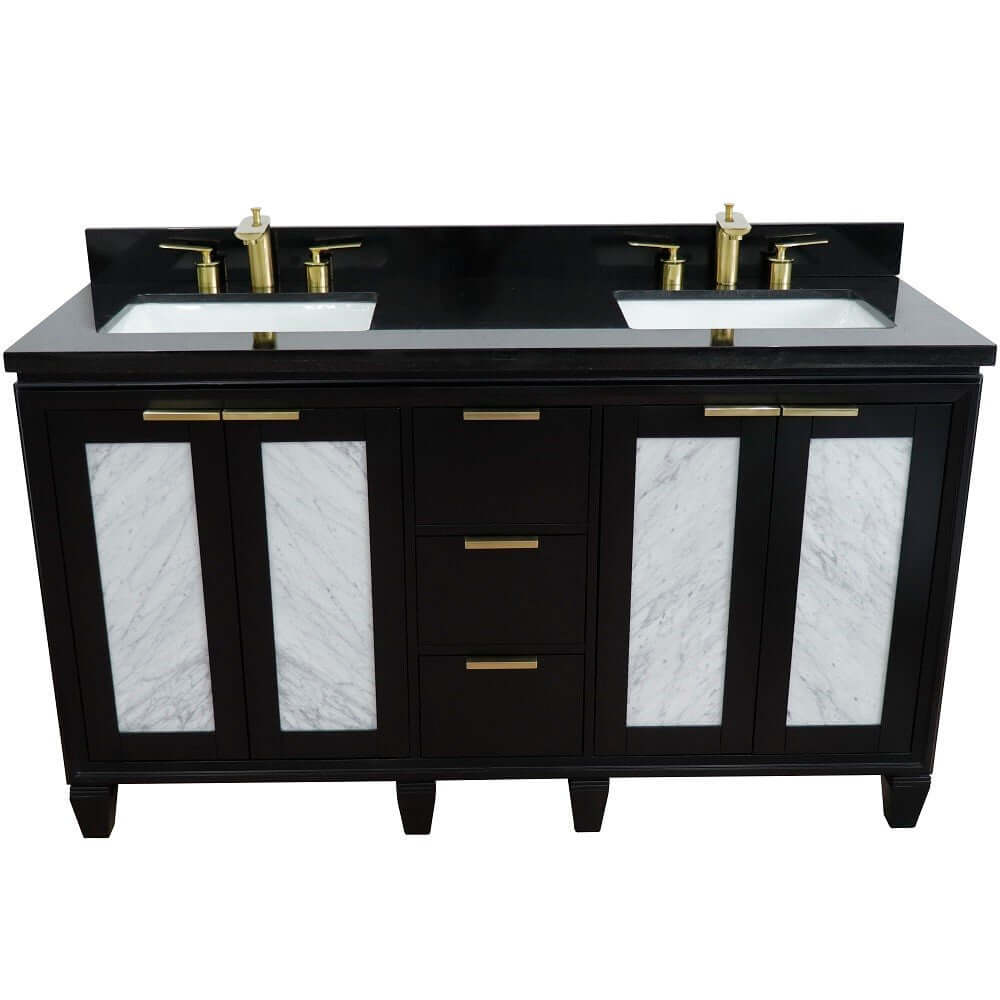 61" Double sink vanity in Black finish with Black galaxy granite and rectangle sink - 400990-61D-BL-BGR