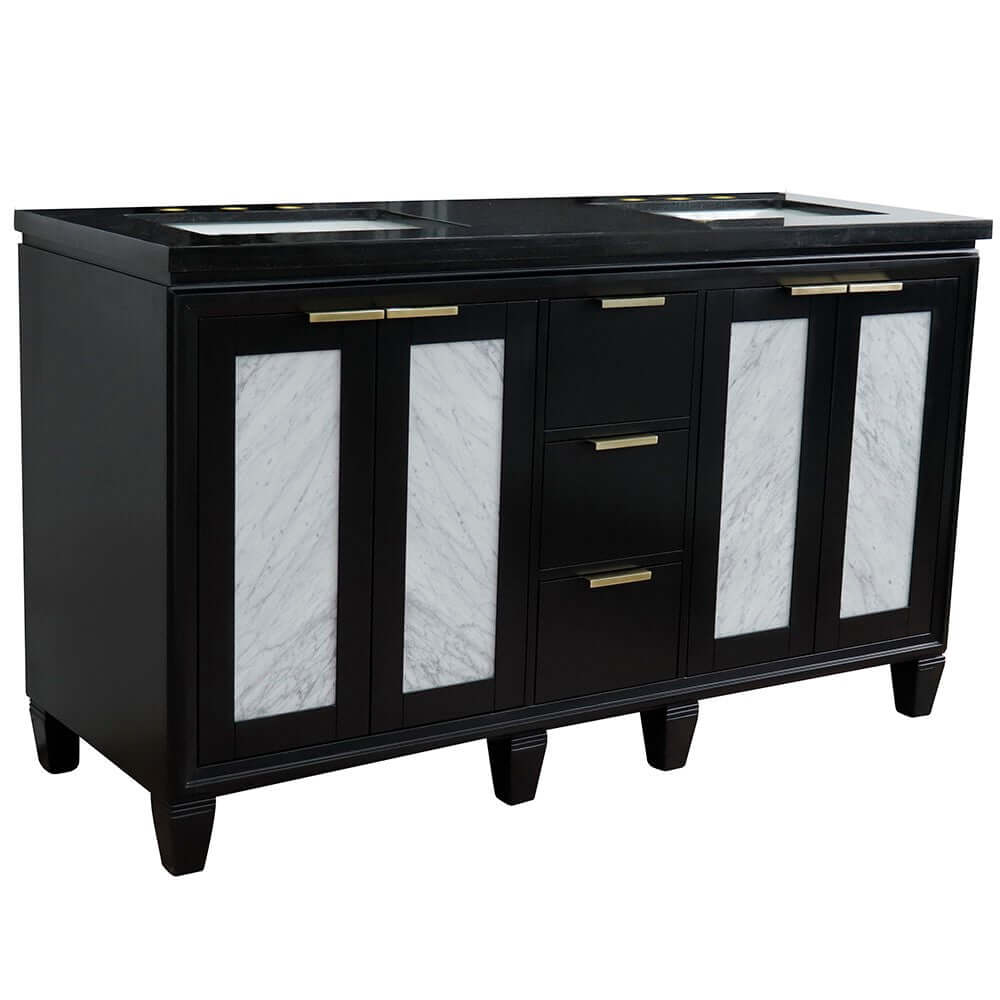 61" Double sink vanity in Black finish with Black galaxy granite and rectangle sink - 400990-61D-BL-BGR