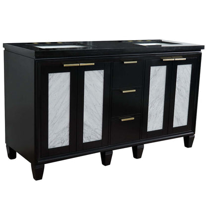 61" Double sink vanity in Black finish with Black galaxy granite and rectangle sink - 400990-61D-BL-BGR