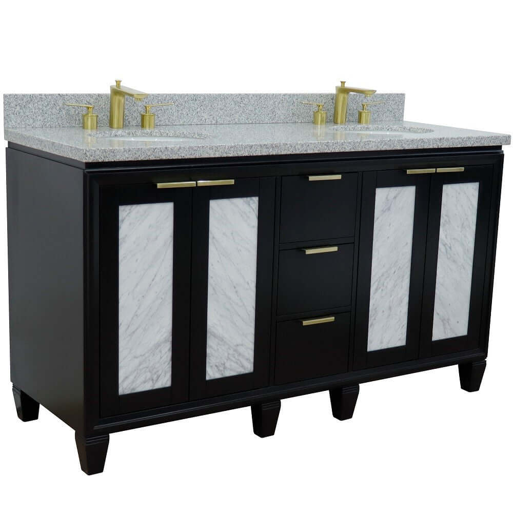 61" Double sink vanity in Black finish with Gray granite and oval sink - 400990-61D-BL-GYO