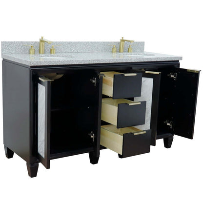 61" Double sink vanity in Black finish with Gray granite and oval sink - 400990-61D-BL-GYO