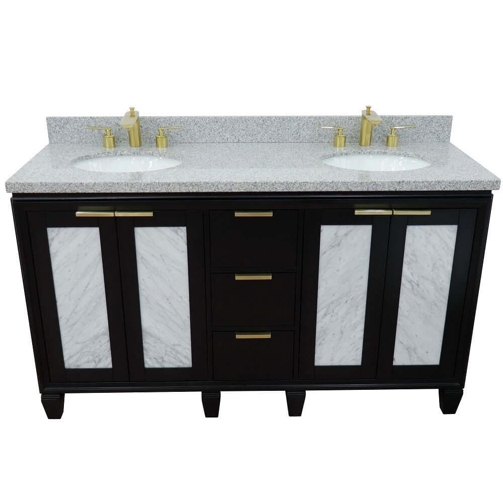 61" Double sink vanity in Black finish with Gray granite and oval sink - 400990-61D-BL-GYO