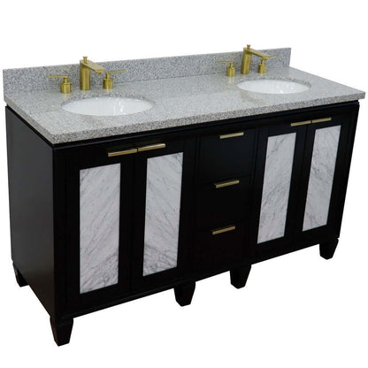 61" Double sink vanity in Black finish with Gray granite and oval sink - 400990-61D-BL-GYO