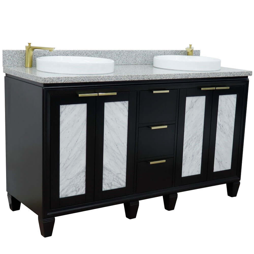 61" Double sink vanity in Black finish with Gray granite and round sink - 400990-61D-BL-GYRD