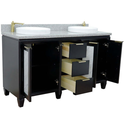 61" Double sink vanity in Black finish with Gray granite and round sink - 400990-61D-BL-GYRD