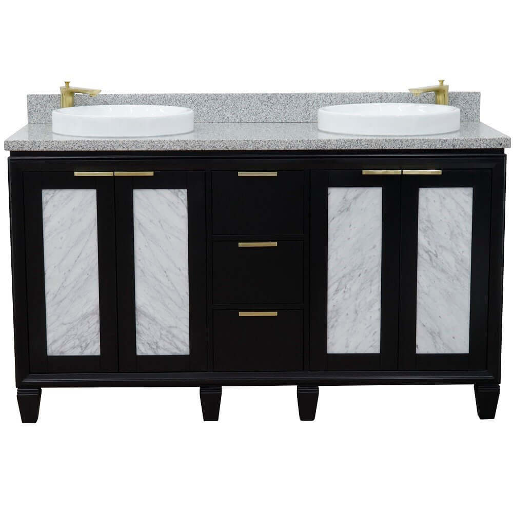 61" Double sink vanity in Black finish with Gray granite and round sink - 400990-61D-BL-GYRD