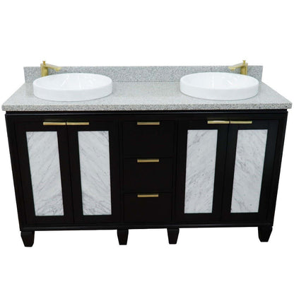 61" Double sink vanity in Black finish with Gray granite and round sink - 400990-61D-BL-GYRD