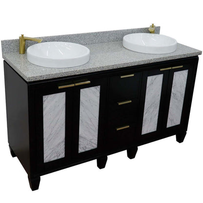 61" Double sink vanity in Black finish with Gray granite and round sink - 400990-61D-BL-GYRD