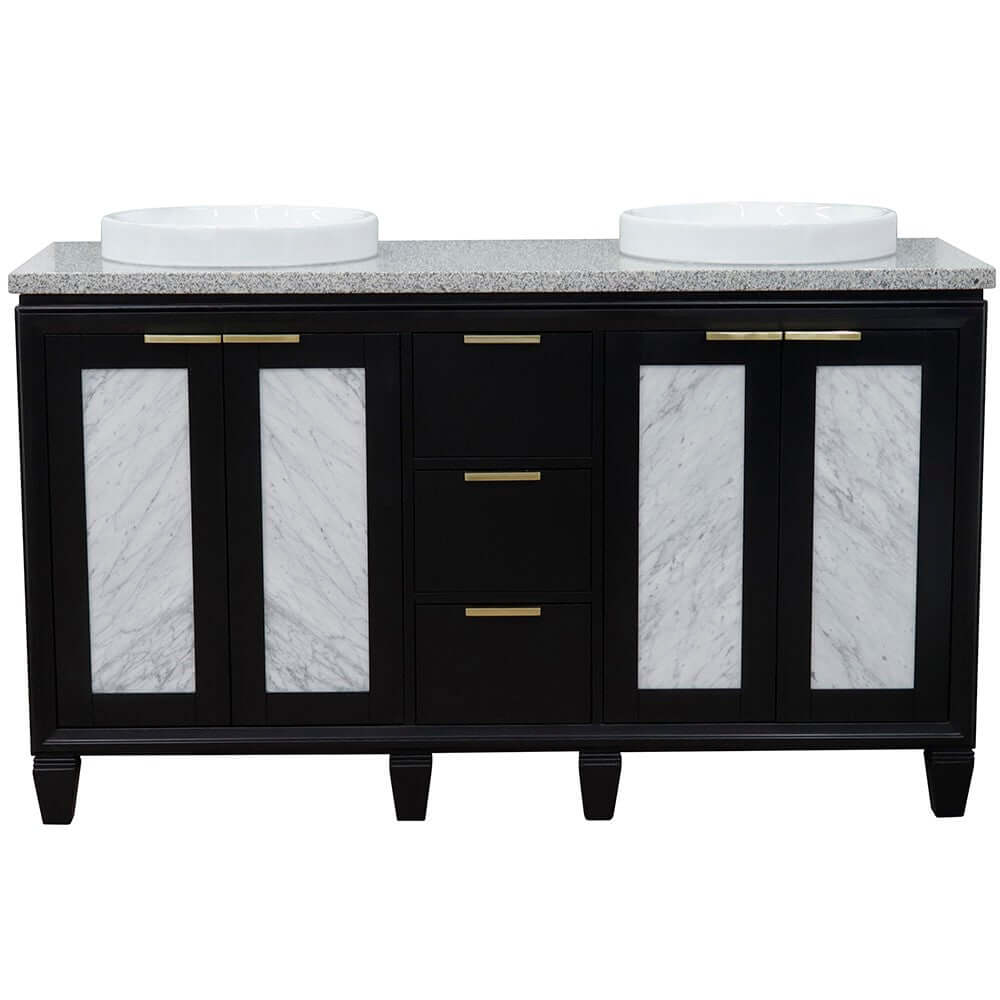 61" Double sink vanity in Black finish with Gray granite and round sink - 400990-61D-BL-GYRD