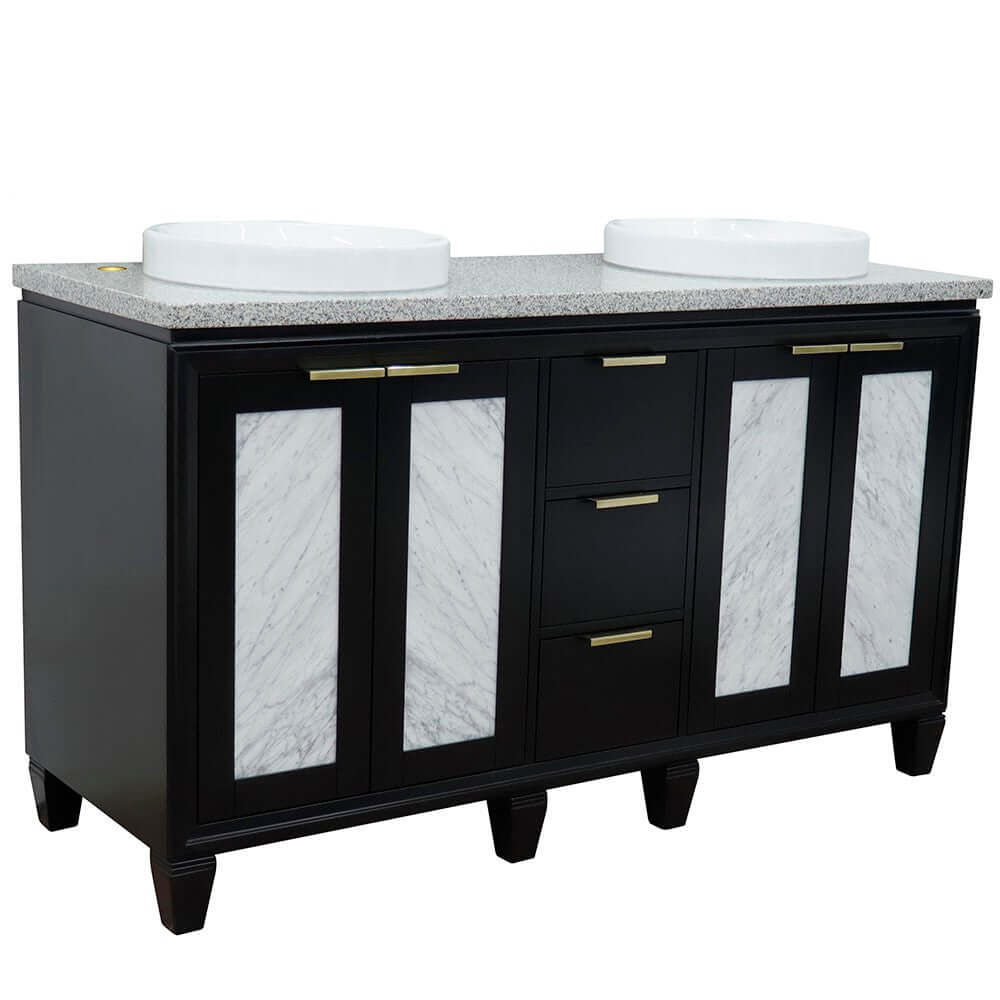 61" Double sink vanity in Black finish with Gray granite and round sink - 400990-61D-BL-GYRD