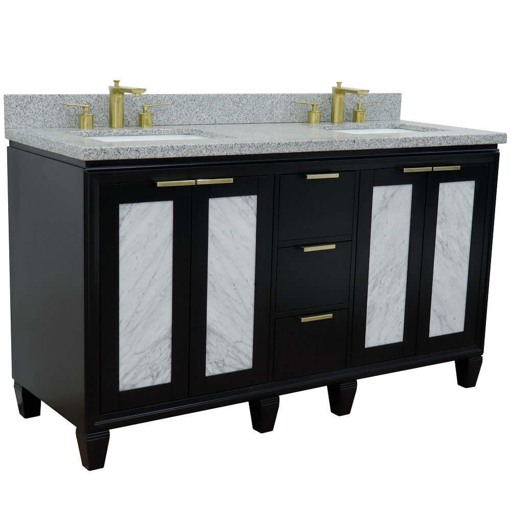 61" Double sink vanity in Black finish with Gray granite and rectangle sink - 400990-61D-BL-GYR