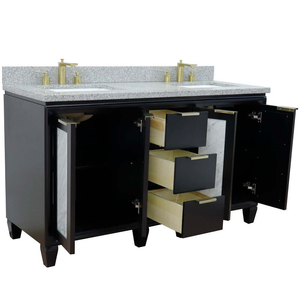 61" Double sink vanity in Black finish with Gray granite and rectangle sink - 400990-61D-BL-GYR