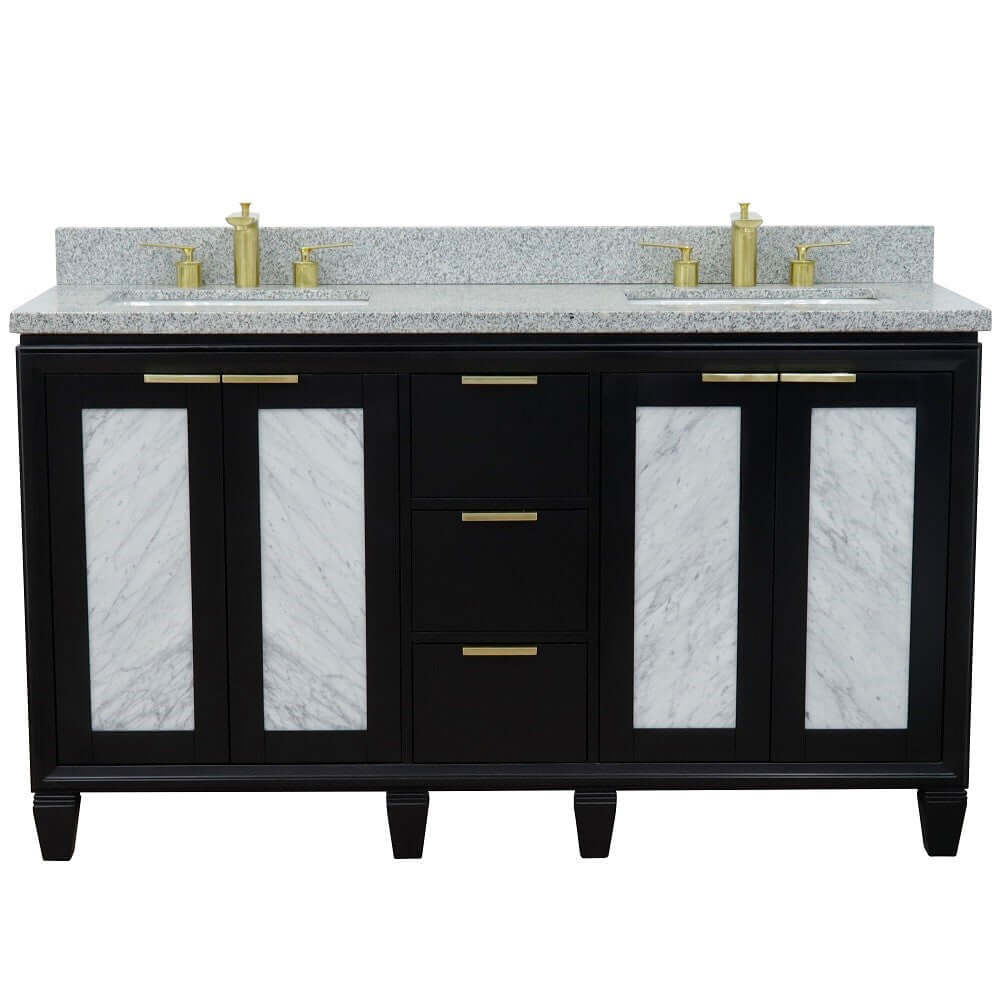 61" Double sink vanity in Black finish with Gray granite and rectangle sink - 400990-61D-BL-GYR