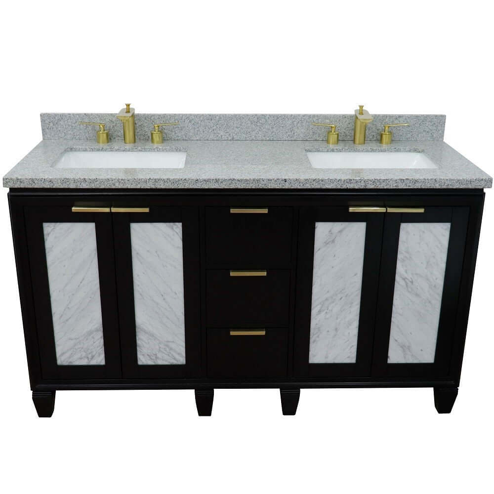 61" Double sink vanity in Black finish with Gray granite and rectangle sink - 400990-61D-BL-GYR