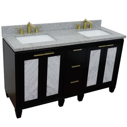 61" Double sink vanity in Black finish with Gray granite and rectangle sink - 400990-61D-BL-GYR