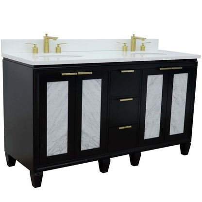 61" Double sink vanity in Black finish with White quartz and oval sink - 400990-61D-BL-WEO