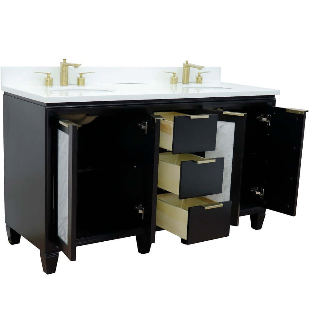 61" Double sink vanity in Black finish with White quartz and oval sink - 400990-61D-BL-WEO