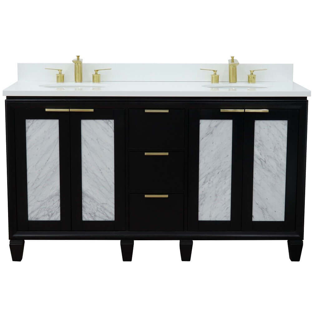 61" Double sink vanity in Black finish with White quartz and oval sink - 400990-61D-BL-WEO