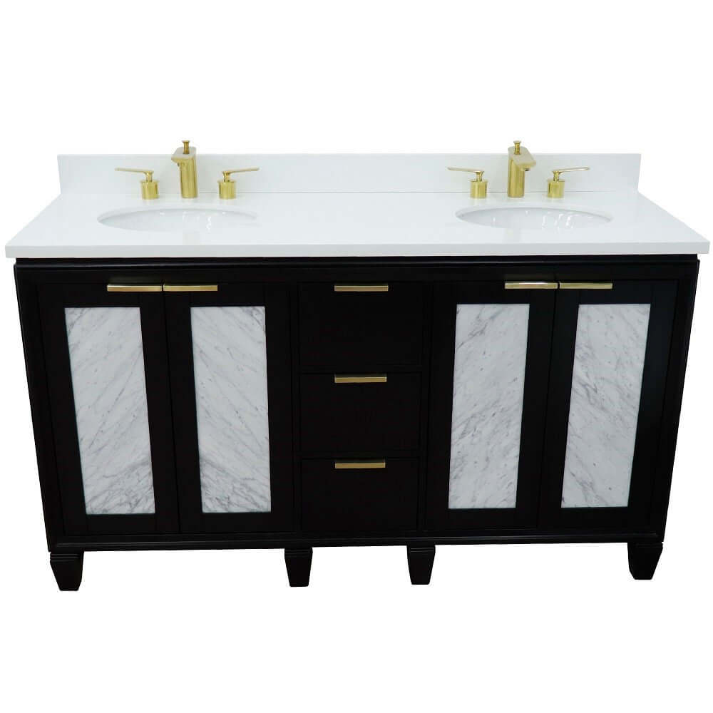 61" Double sink vanity in Black finish with White quartz and oval sink - 400990-61D-BL-WEO