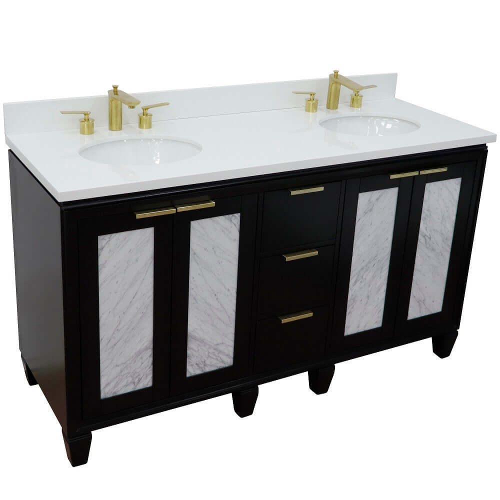 61" Double sink vanity in Black finish with White quartz and oval sink - 400990-61D-BL-WEO