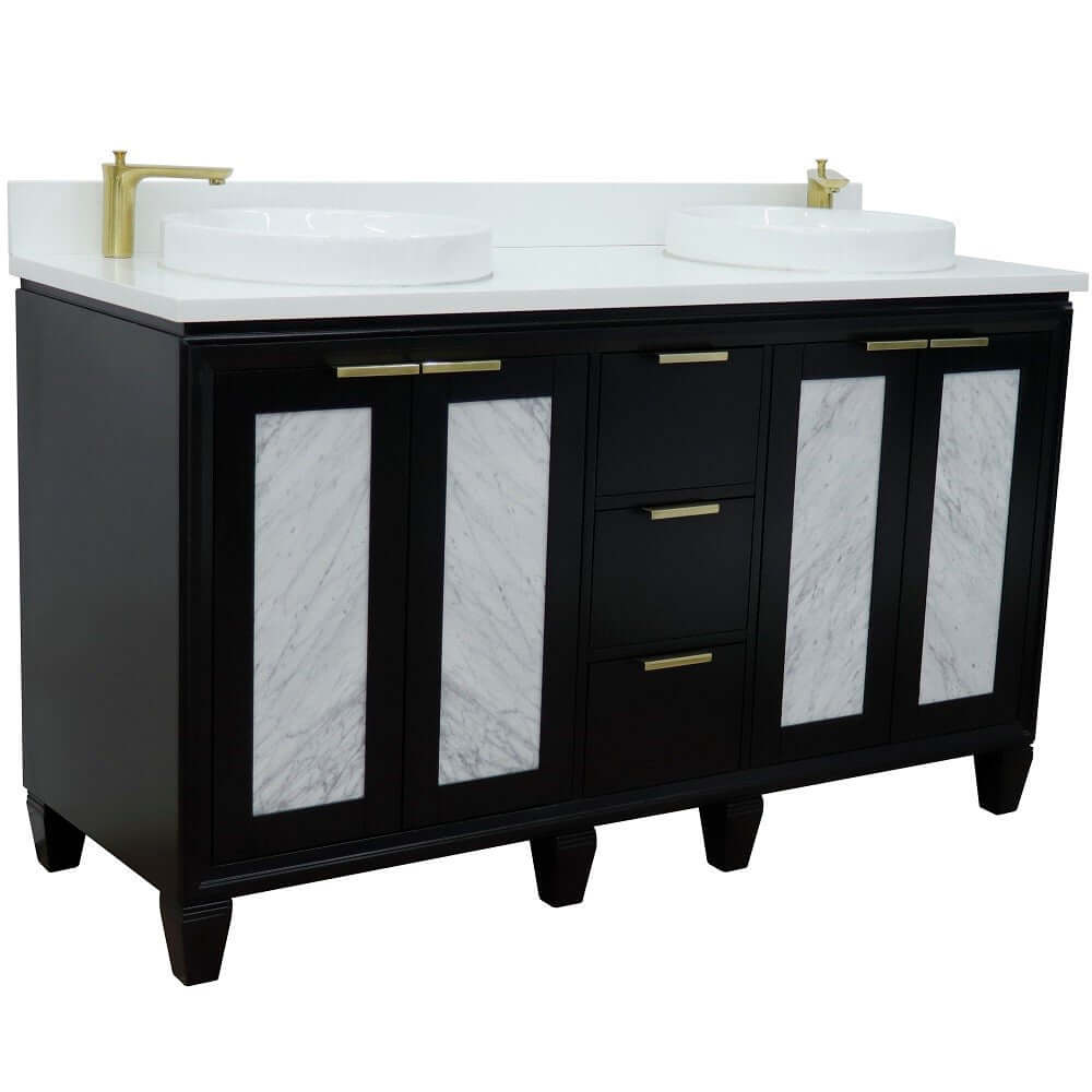 61" Double sink vanity in Black finish with White quartz and round sink - 400990-61D-BL-WERD